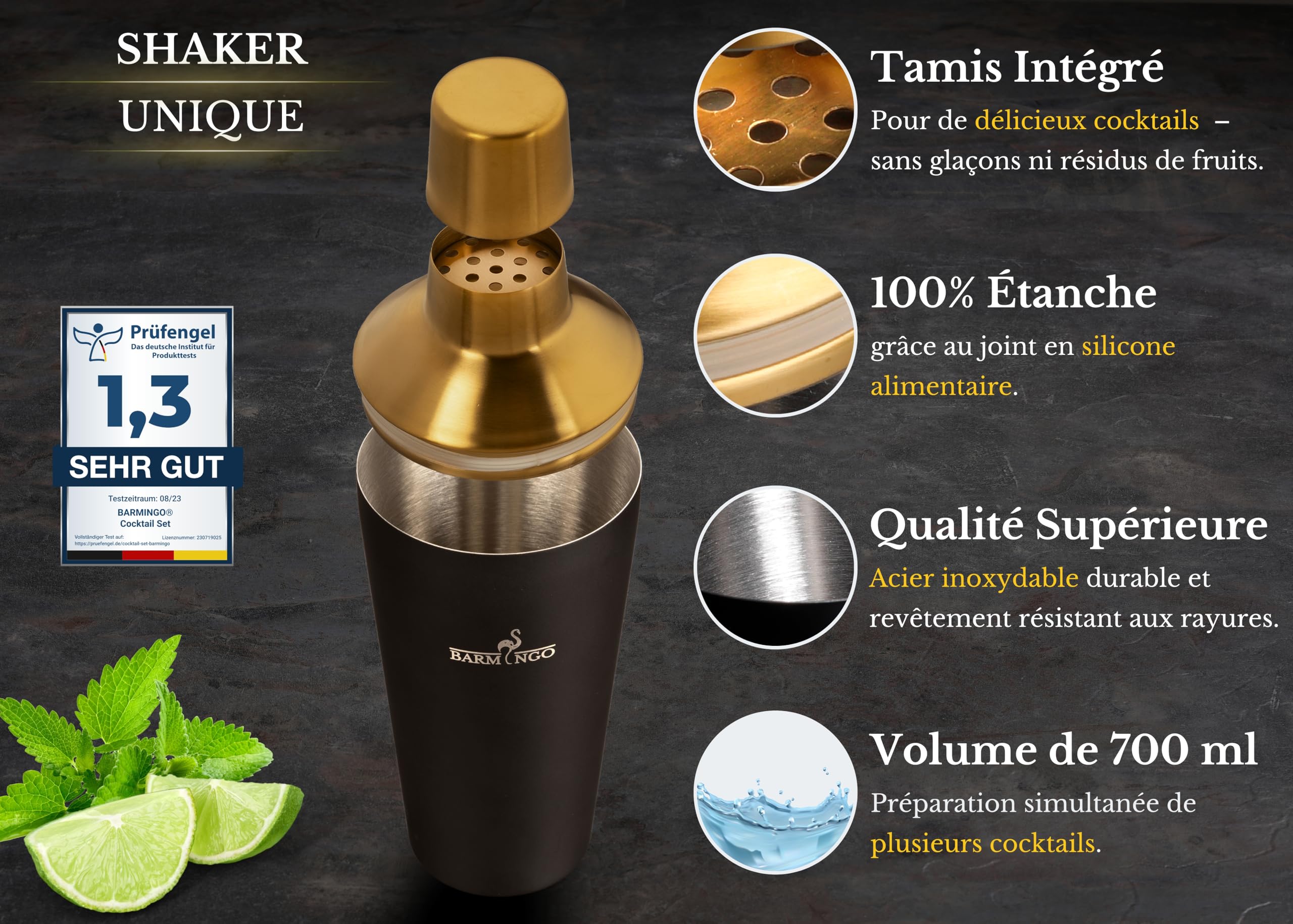 Shaker Cocktail Kit | 11 Pièces, Volume de 700 ML, Noir - Or | Shaker Cocktail INOX avec Support et Accessoires de Bar | Set Barman Cocktail Shaker | Kit Cocktail Professionnel