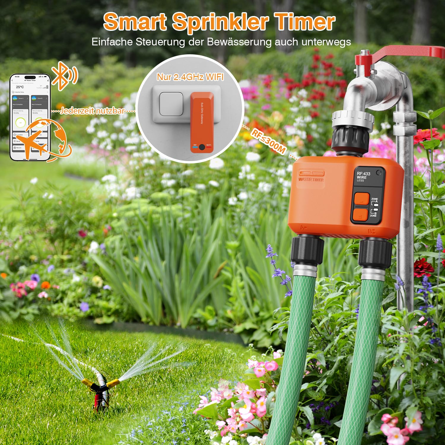 Bewässerungscomputer WLAN 2 Ausgänge mit 300 Meter RF, Starke Wanddurchdringung, Smarte Bewässerungsuhr mit APP & Alexa Sprache, Automatische Bewässerungssystem Regenverzögerung für Garten