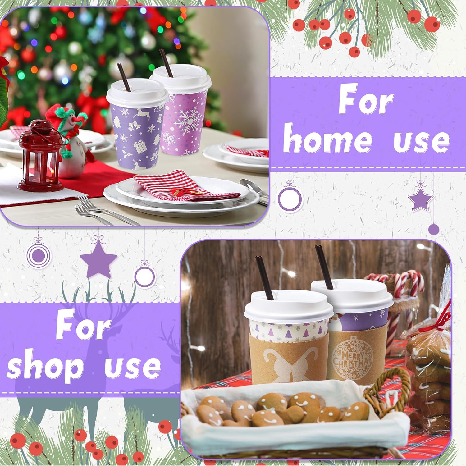 Remerry 100 Sets 400 Pcs 12 oz Christmas Disposable Coffee Cups with Lid, Straws and Sleeves Snowflake Reindeer Snowman Paper Cups Xmas Party Supplies for Hot Drink Cold Beverage (Purple Christmas)