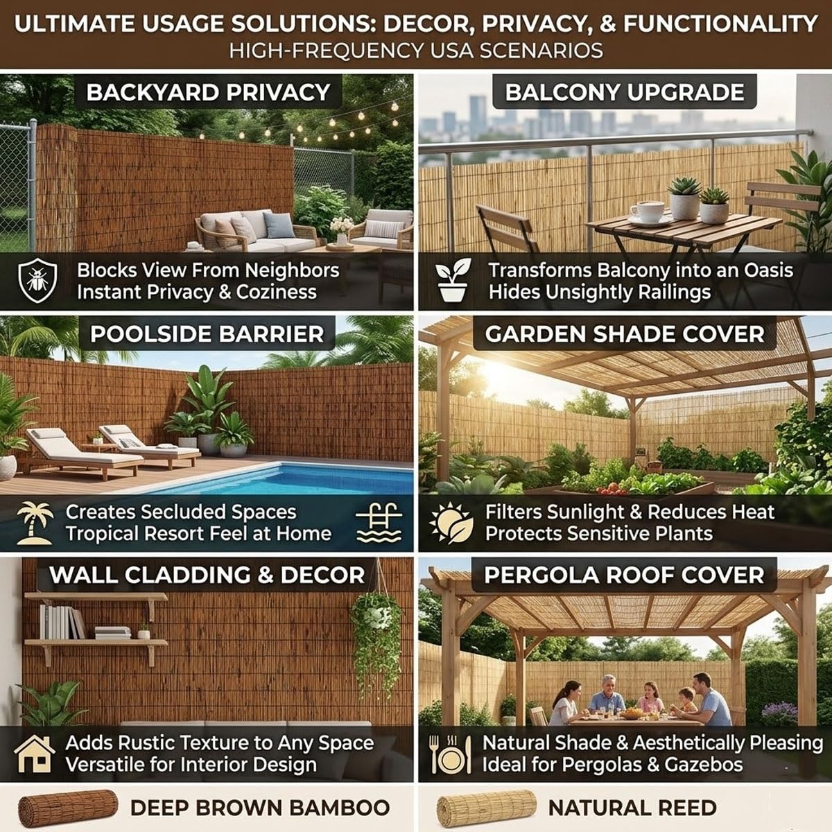 Arella Bamboo per Decorazioni Esterno, Recinzione Giardino Frangivista, Stuoia in Canna Naturale per Divisorio Cortile, Copri Ringhiera Balcone Arrotolabile(Naturale,W160 x H220cm)