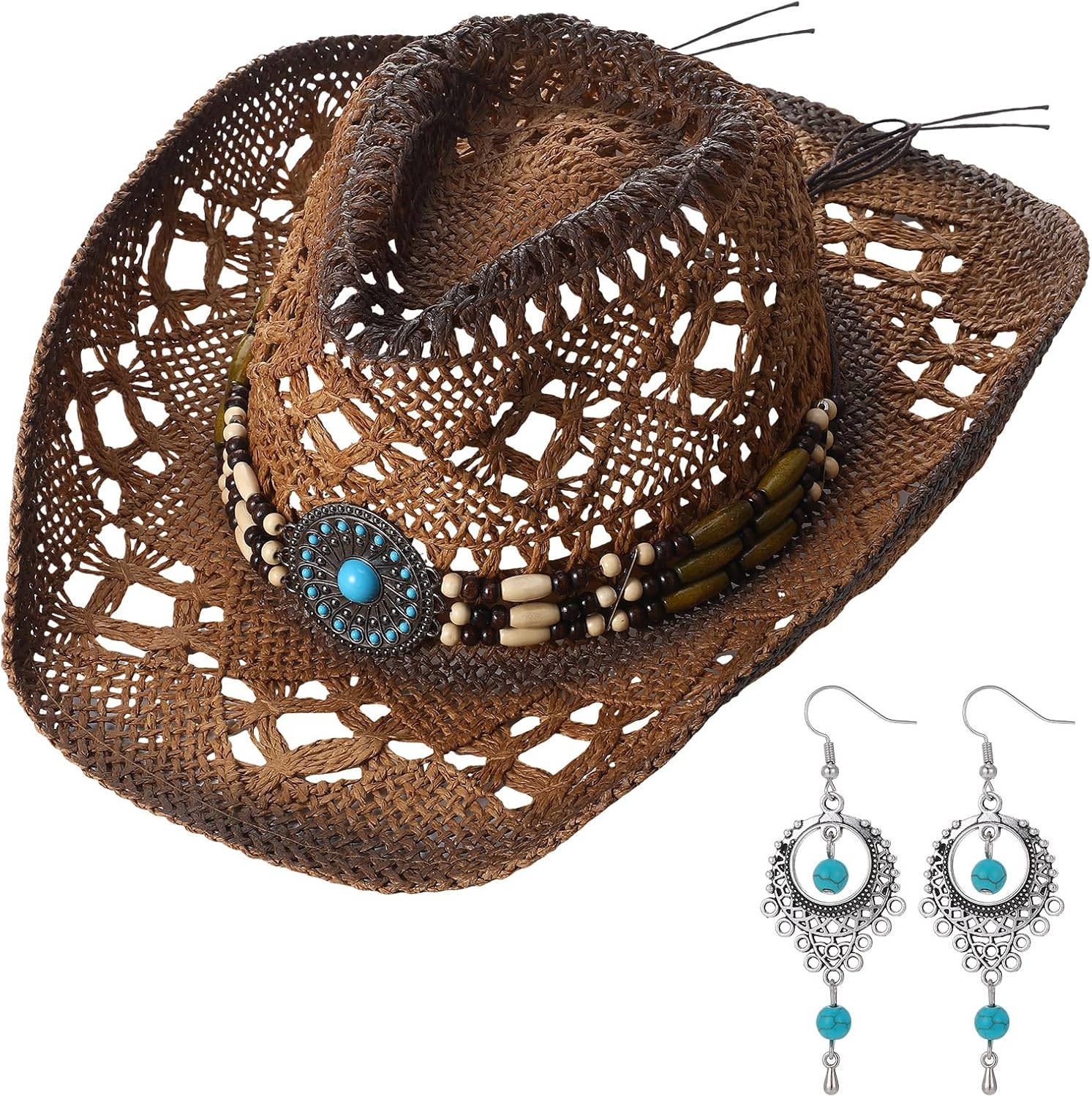 Western Straw Cowboy Hat with Decorative Bands and Earrings Cowgirl Woven Sun Hat for Women Men Country Concert Rodeo Cowgirl Outfits Brown