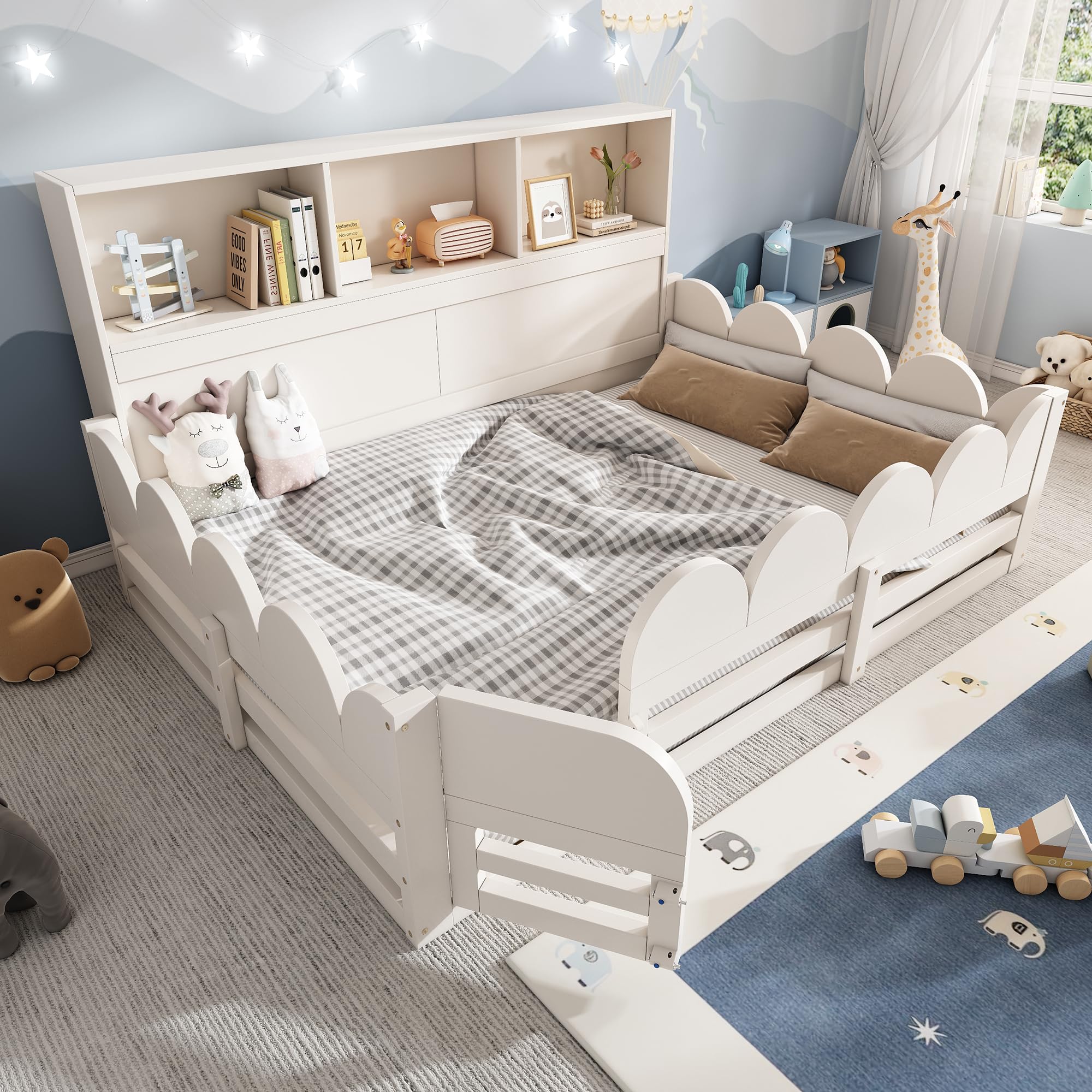Montessori Letto a Terra per Bambini 140x200cm con Mensola, Protezione Anticaduta e Sportello, Letto Piazza e Mezza per Bambini, Strutture letto in legno di Pino per Cameretta ragazzi (Senza Materasso