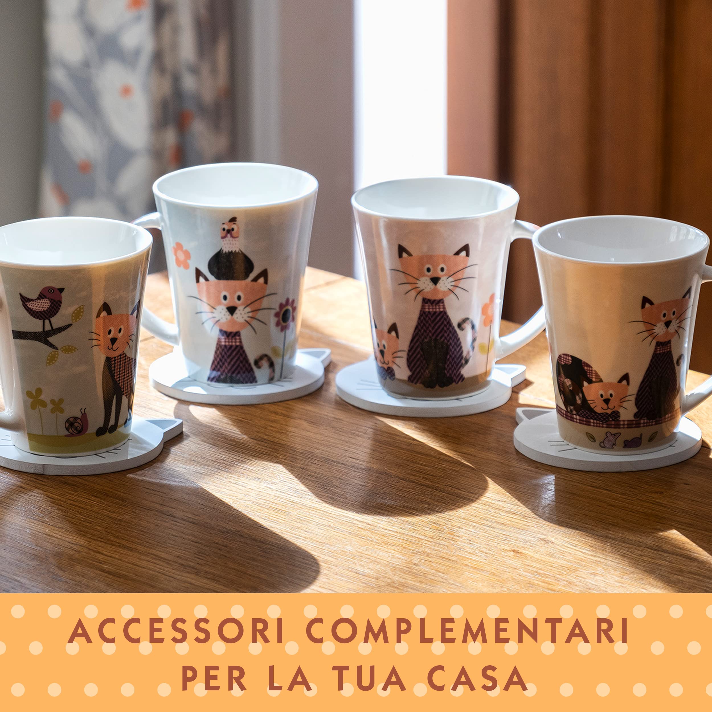 Sass & Belle - Set Di 6 Sottobicchieri In Legno Intagliato A Forma Di Gatto, Con Porta-sottobicchieri Incluso