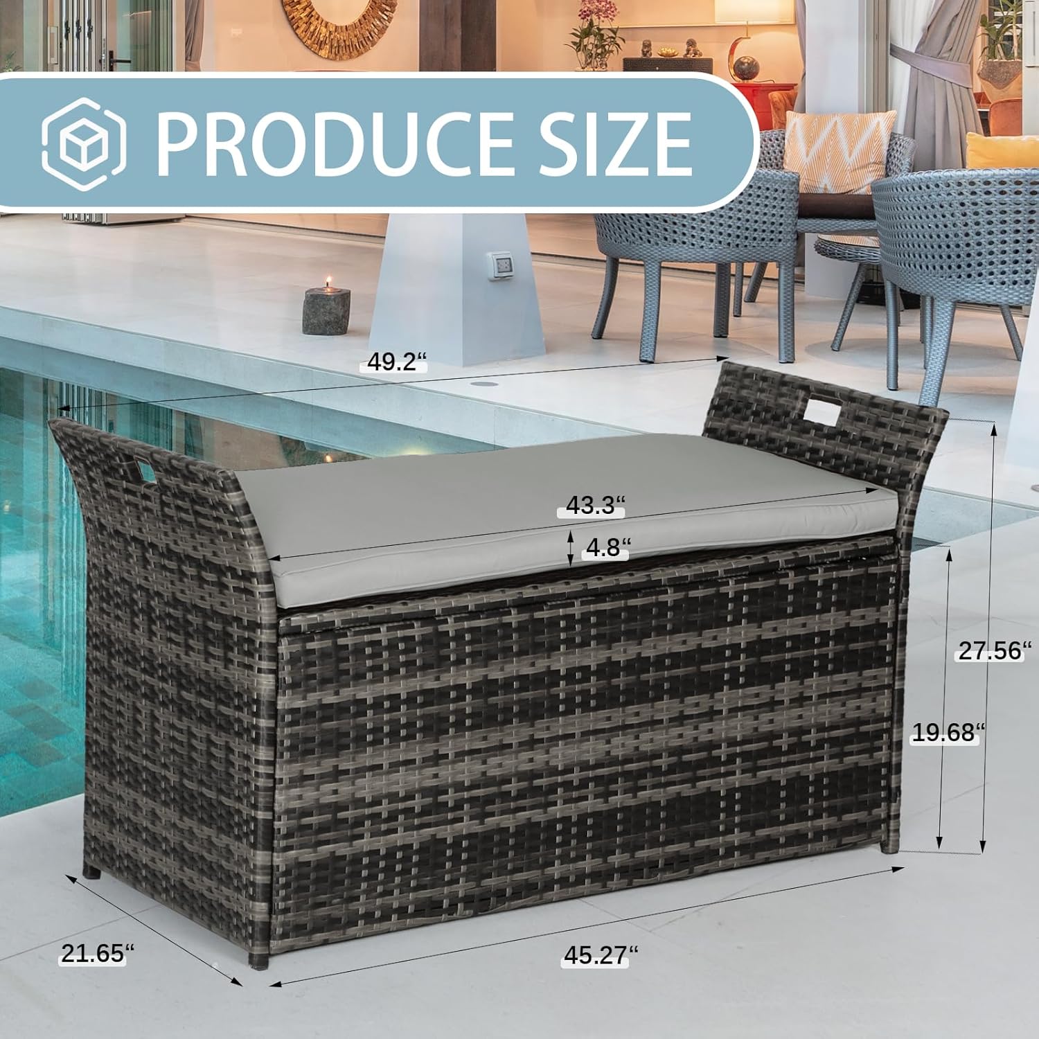 Oakcloud 75 Gallon Patio Storage Bench, Outdoor Wicher Garden Furniture Storage Deck Box Bench with Handles and Cushion, Grey