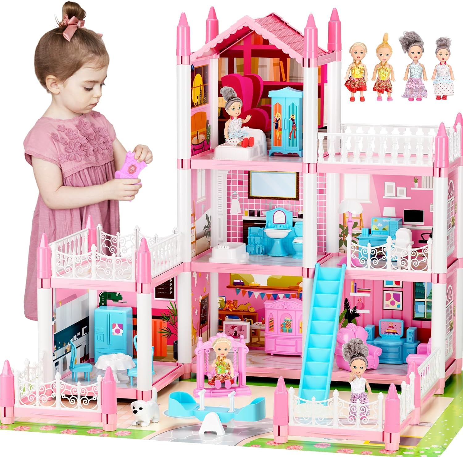 Big Doll House for Kids Ages 3 4 5 6 7 8, 3-Story 6 Rooms Princess Play House Toys with 4 Doll & Doll Furnitures