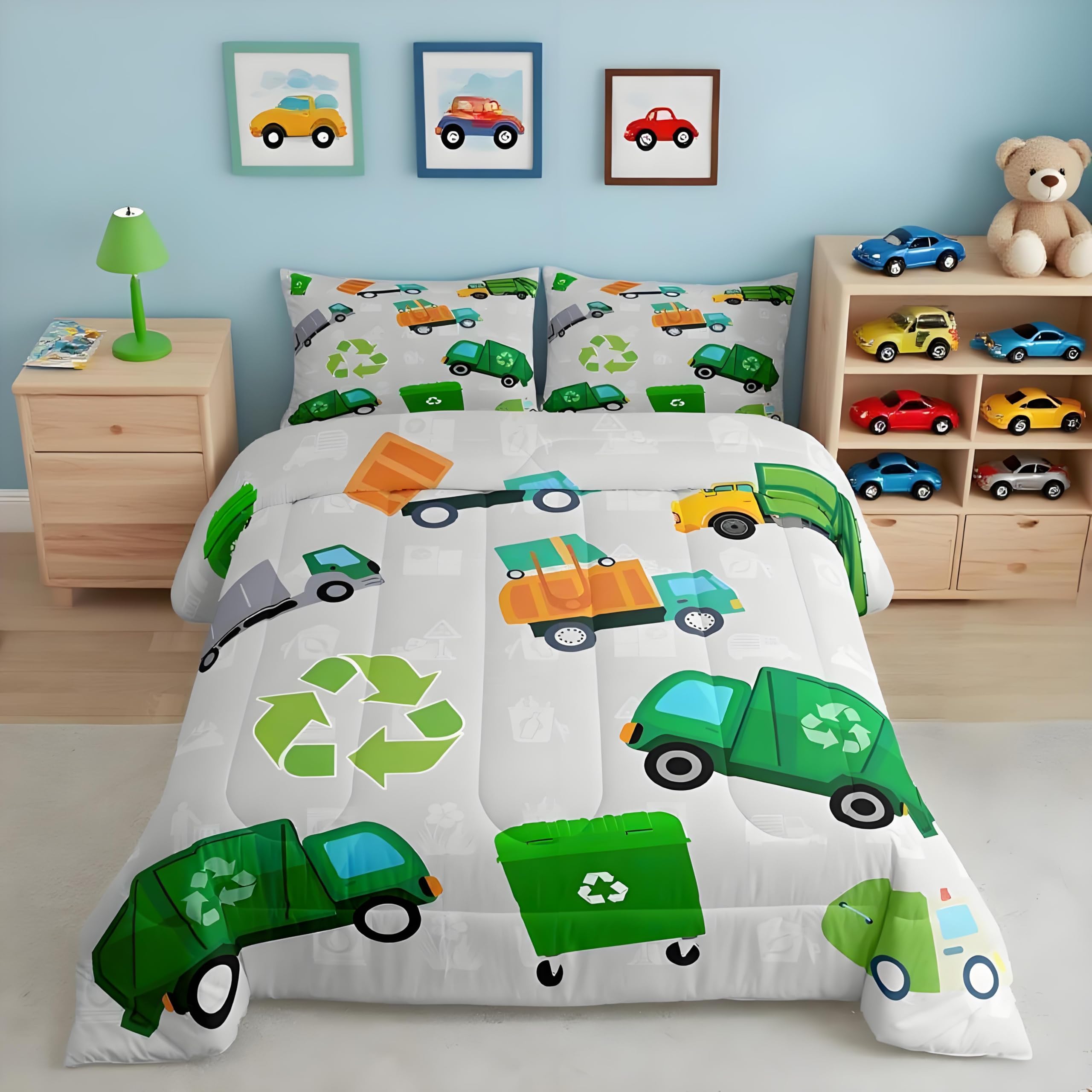 Feelyou Green Garbage Truck Bedding Set - Cartoon Trash Truck Comforter Set for Kids Boys Girls Teens - Green Vehicle Car Comforter Duvet Set with 1 Pillow Case