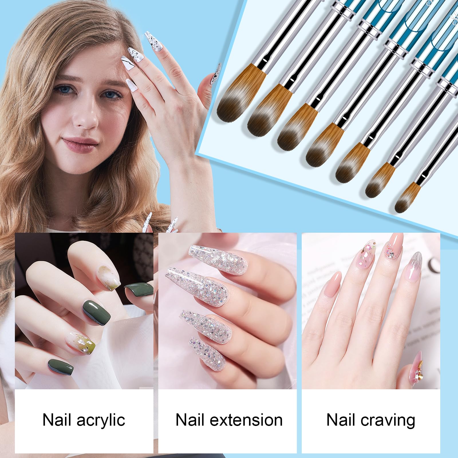 Kolinsky - Juego de 4 pinceles acrílicos para uñas, diseño artístico y pulido, herramientas de manicura para limpieza de uñas para mujer, tamaño 6, 8, 12, 16