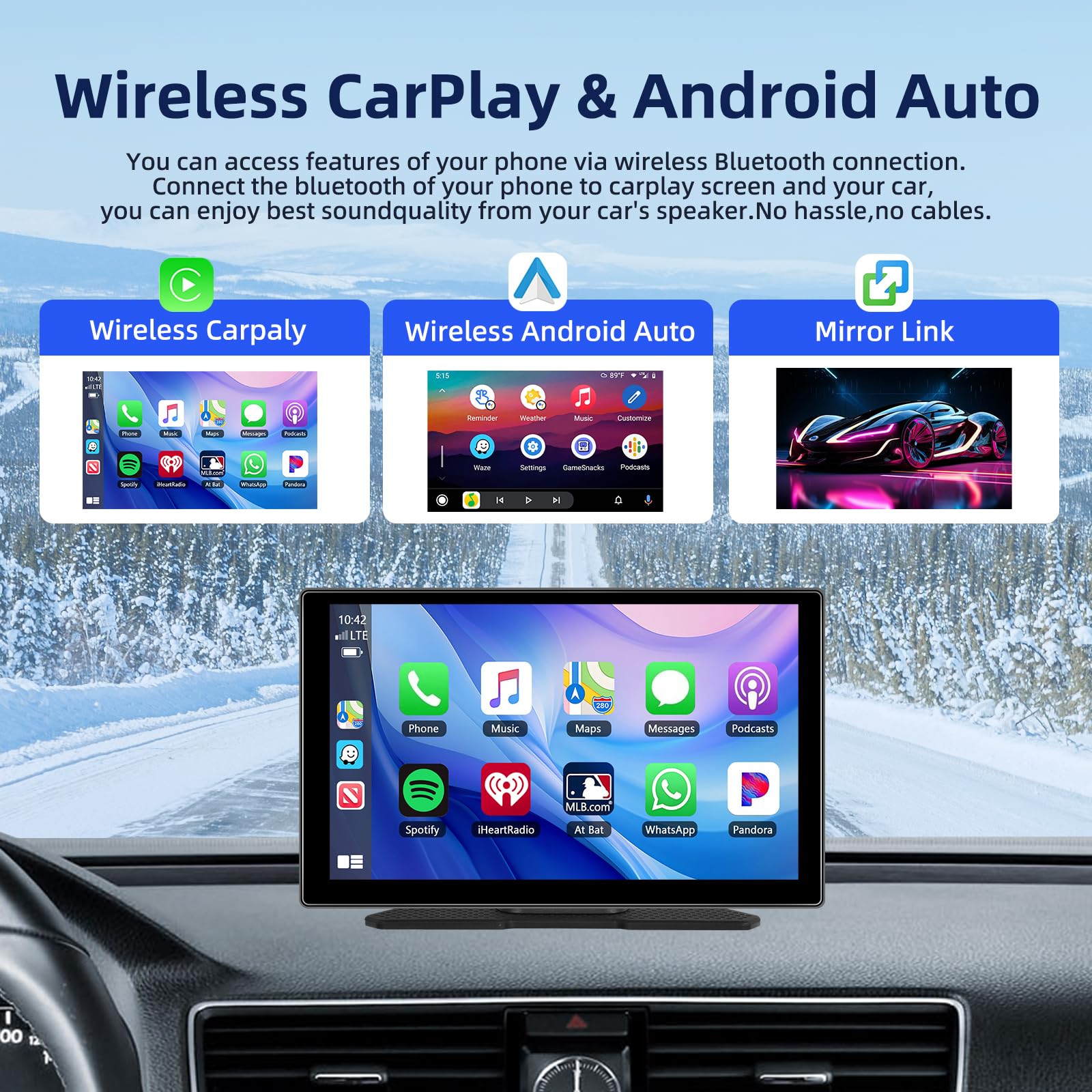 9 Zoll Tragbares Autoradio mit Wireless Carplay Android Auto Bildschirm, 7-32V Touchscreen mit Sprachassistent/Bluetooth/FM Transmitter/AUX+ Camera