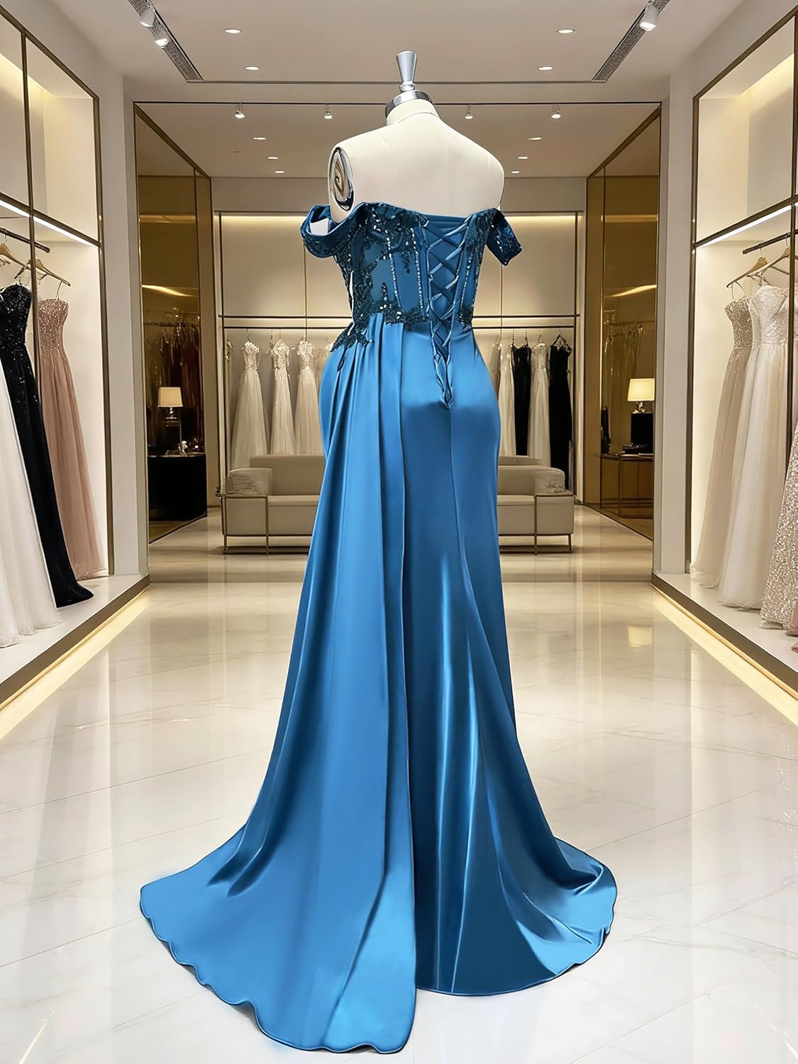 Women's Lace Applique Satin Prom Dresses 2026 Sparkly Off The Shoulder Mermaid Formal Evening Gowns P05 - Image 5