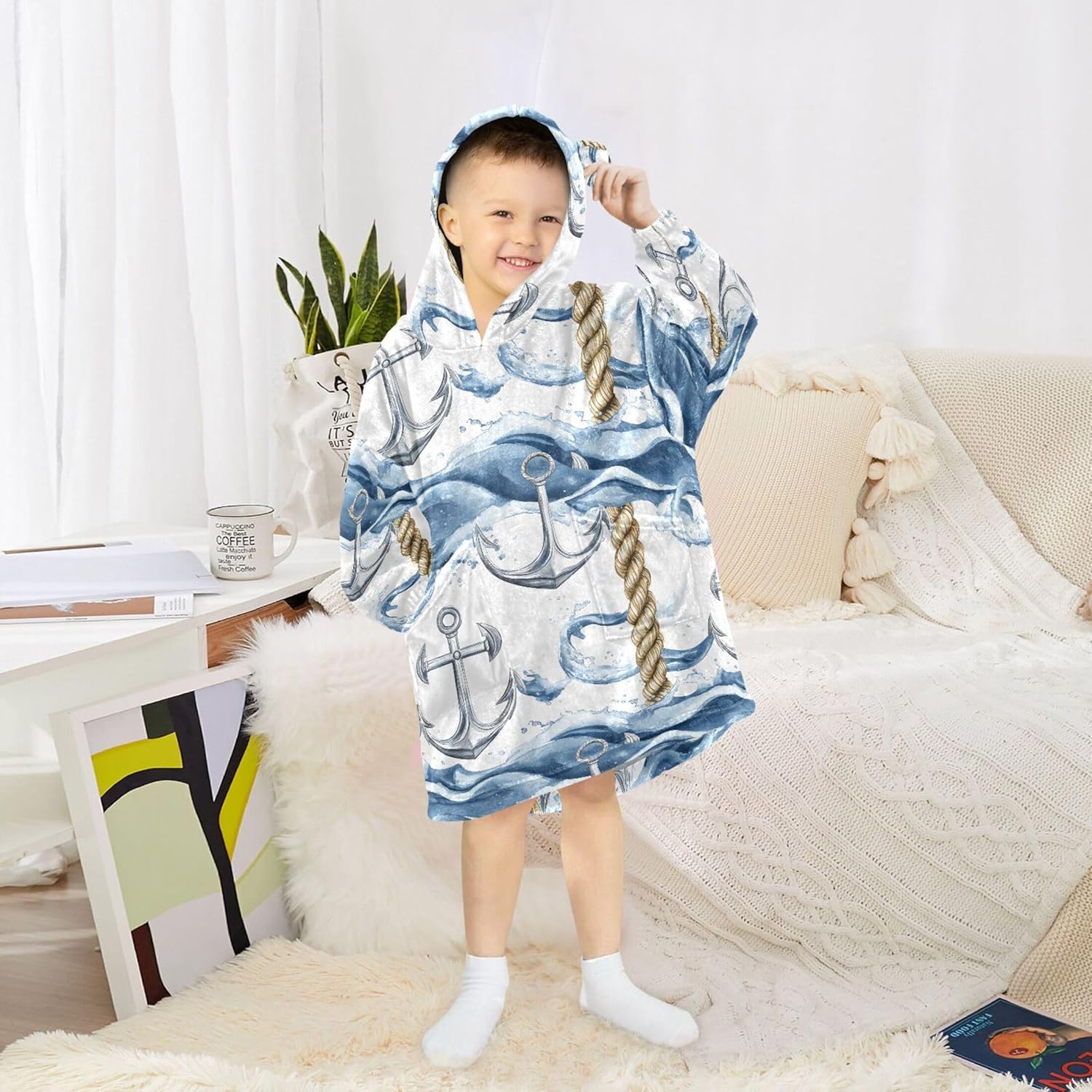 Anchor Wave Kids Wearable Blanket Hoodie with Pocket and Sleeves for Toddlers, Cute Hoodies Girls Boys B0403901