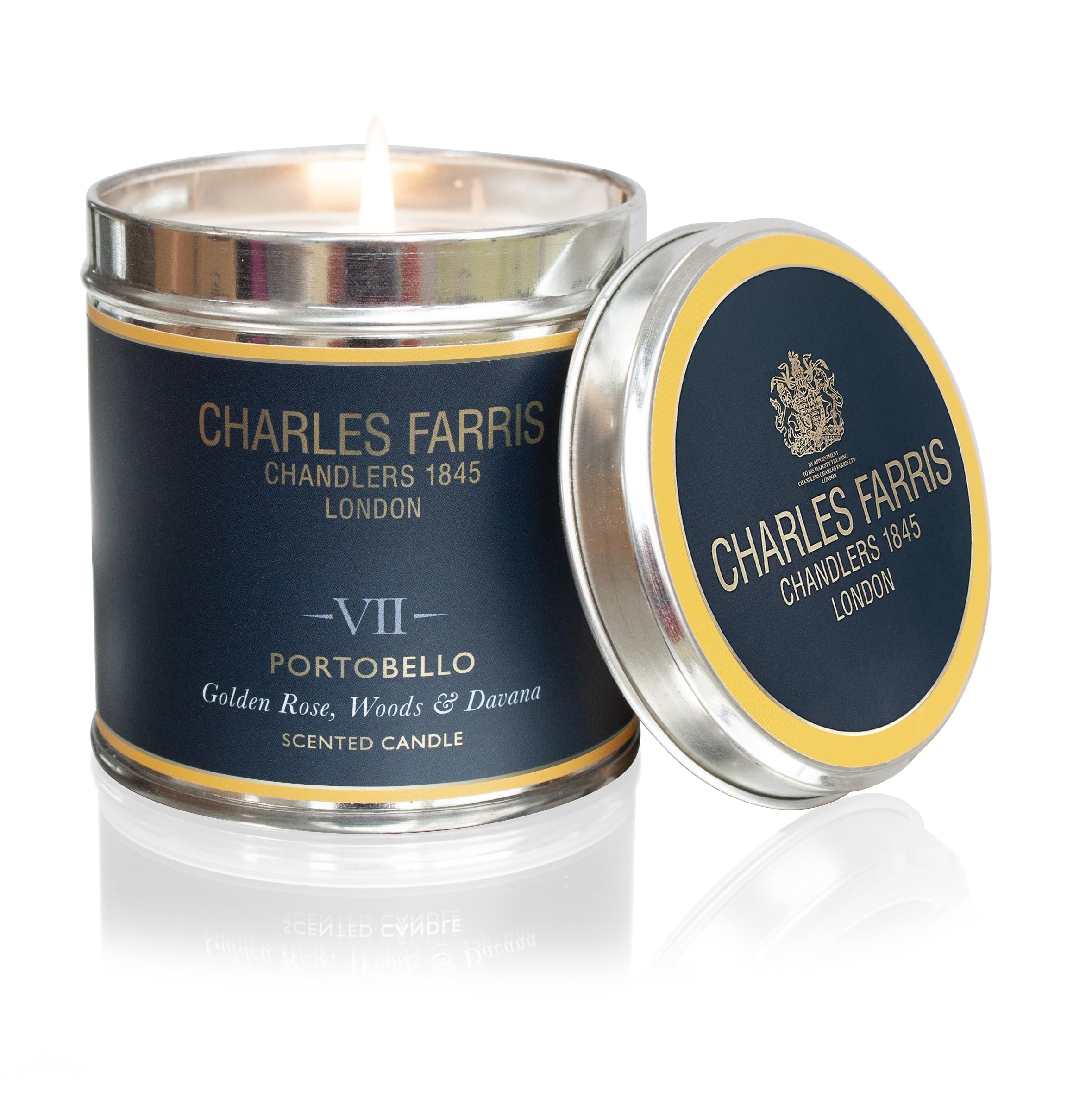 Charles Farris Portobello Scented Luxury Tin Candle - Golden Rose, Pomegranate & Davana - Hand-Poured in England - 40 Hours+ Burn Time