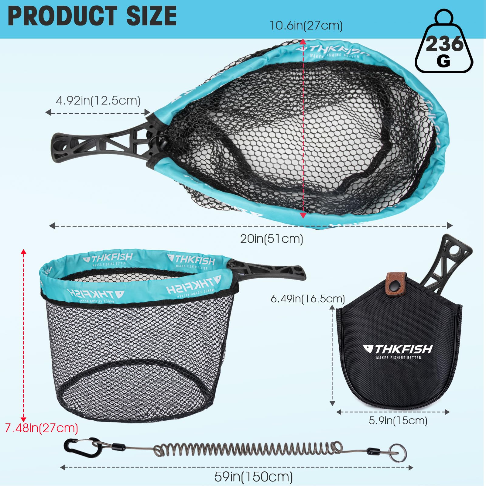 THKFISH Épuisette de pêche à la mouche pliable avec poignée en ABS, filet en maille revêtue de caoutchouc avec sac de pêche pour attraper et relâcher la truite, équipement de pêche à la mouche