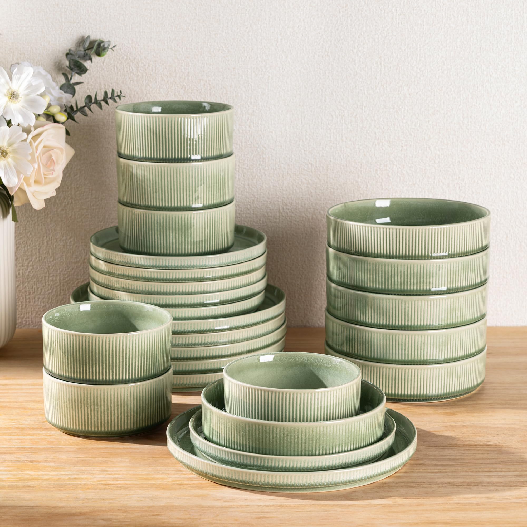 GBhome Stoneware Dinner Sets with Pasta Bowls for 6 People, 24 Pieces Reactive Glaze Handcrafted Plates and Bowls Set, Scratch Resistant Dinnerware Set, Dishwasher & Microwave Safe, Light Green