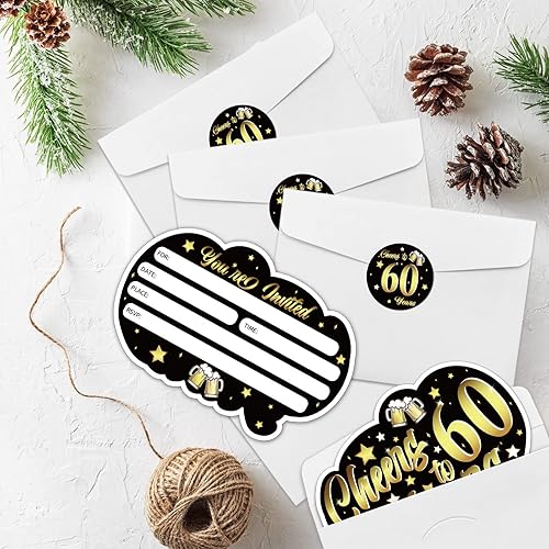 Miniatura 6 de REWIDPARTY Invitaciones de fiesta de cumpleaños número 60 de oro negro con sobres y calcomanías (juego de 15) invitaciones de felicitación a 60 años