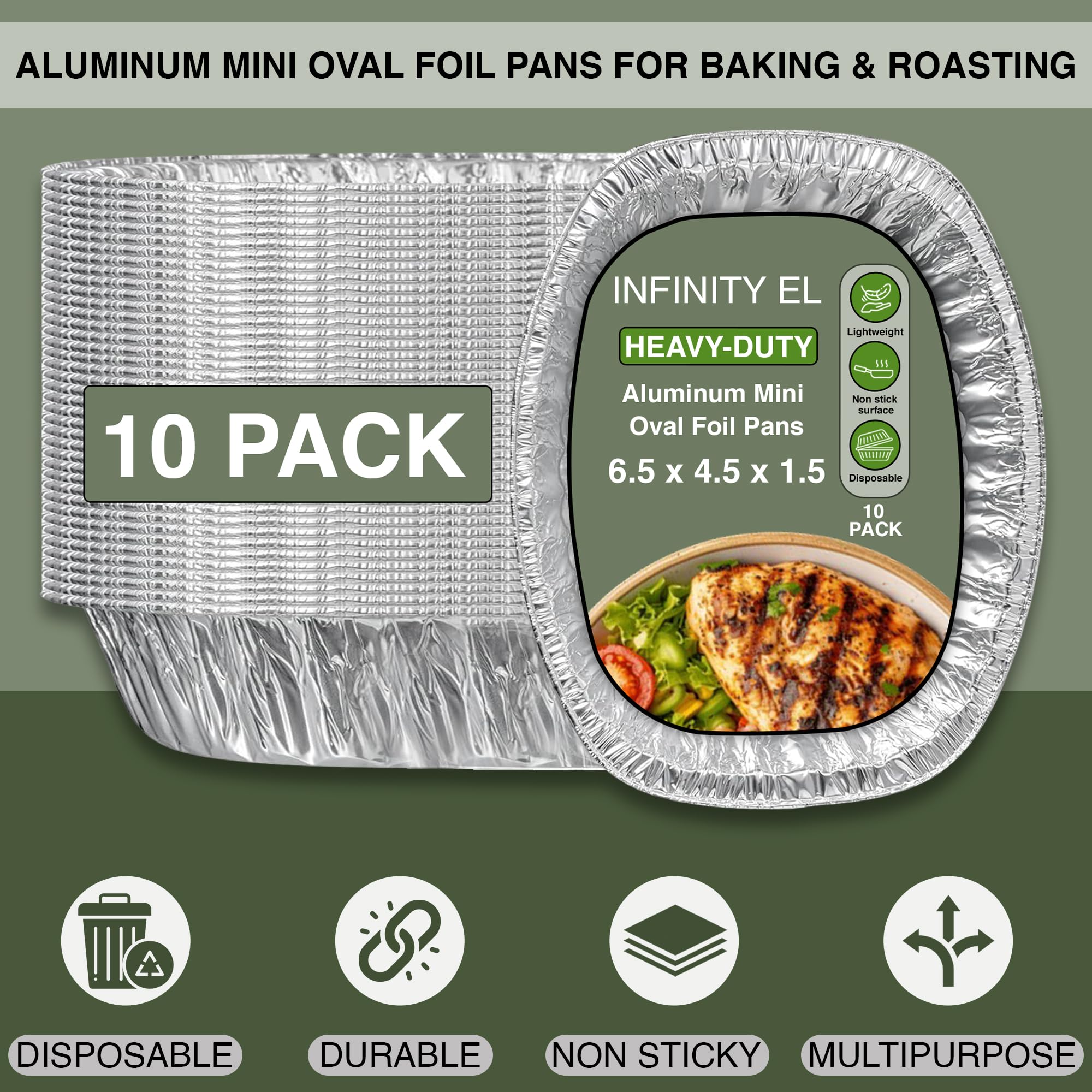 Sartenes ovaladas de aluminio resistentes, fáciles de usar, sartenes desechables de aluminio para hornear, rozar, servir, hornear y preparar comidas, sartén desechable para asar (paquete de 10) (mini