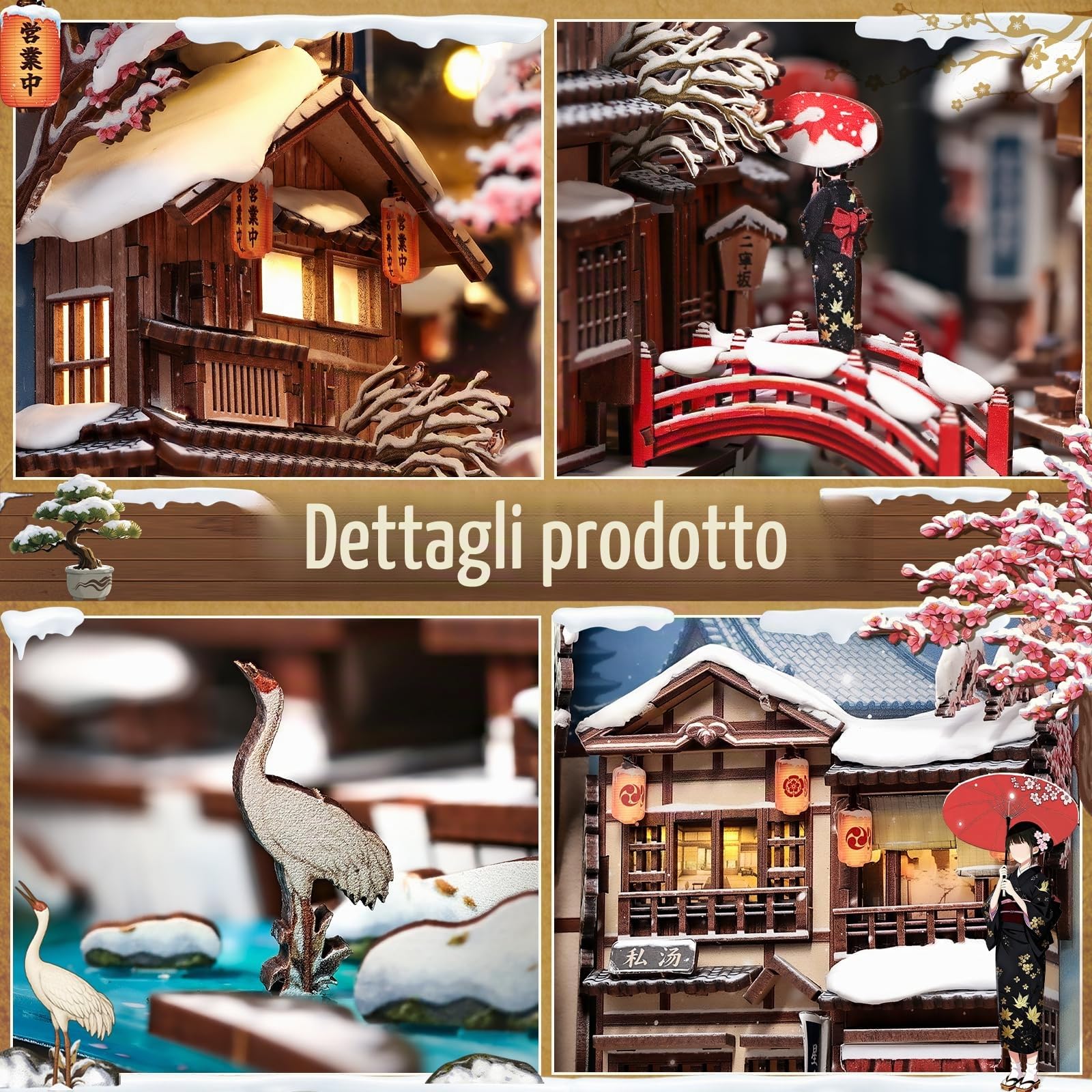 CUTEBEE Book Nook Kit - Casa delle bambole fai da te da costruire per adulti, puzzle 3D in legno con LED, scena invernale a Kyoto, decorazione per biblioteca, regali fatti a mano (Kyoto Snow Whisper)