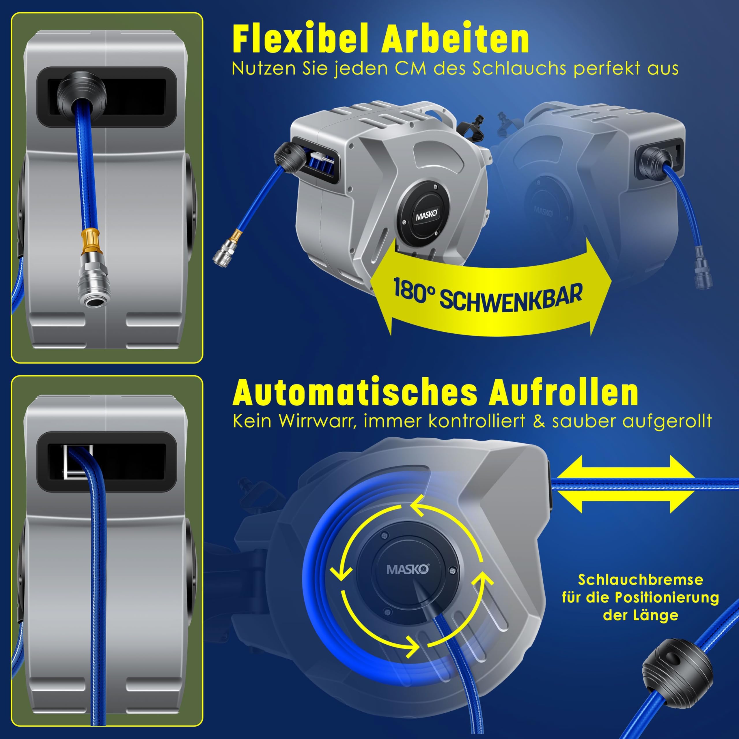 MASKO® Automatik Druckluftschlauch Aufroller 20m – Schlauchtrommel mit 1/4" Anschluss, Schlauchaufroller, Wandhalterung, Tragegriff, 180° schwenkbar, Schlauchbremse, vormontiert & sofort einsatzbereit