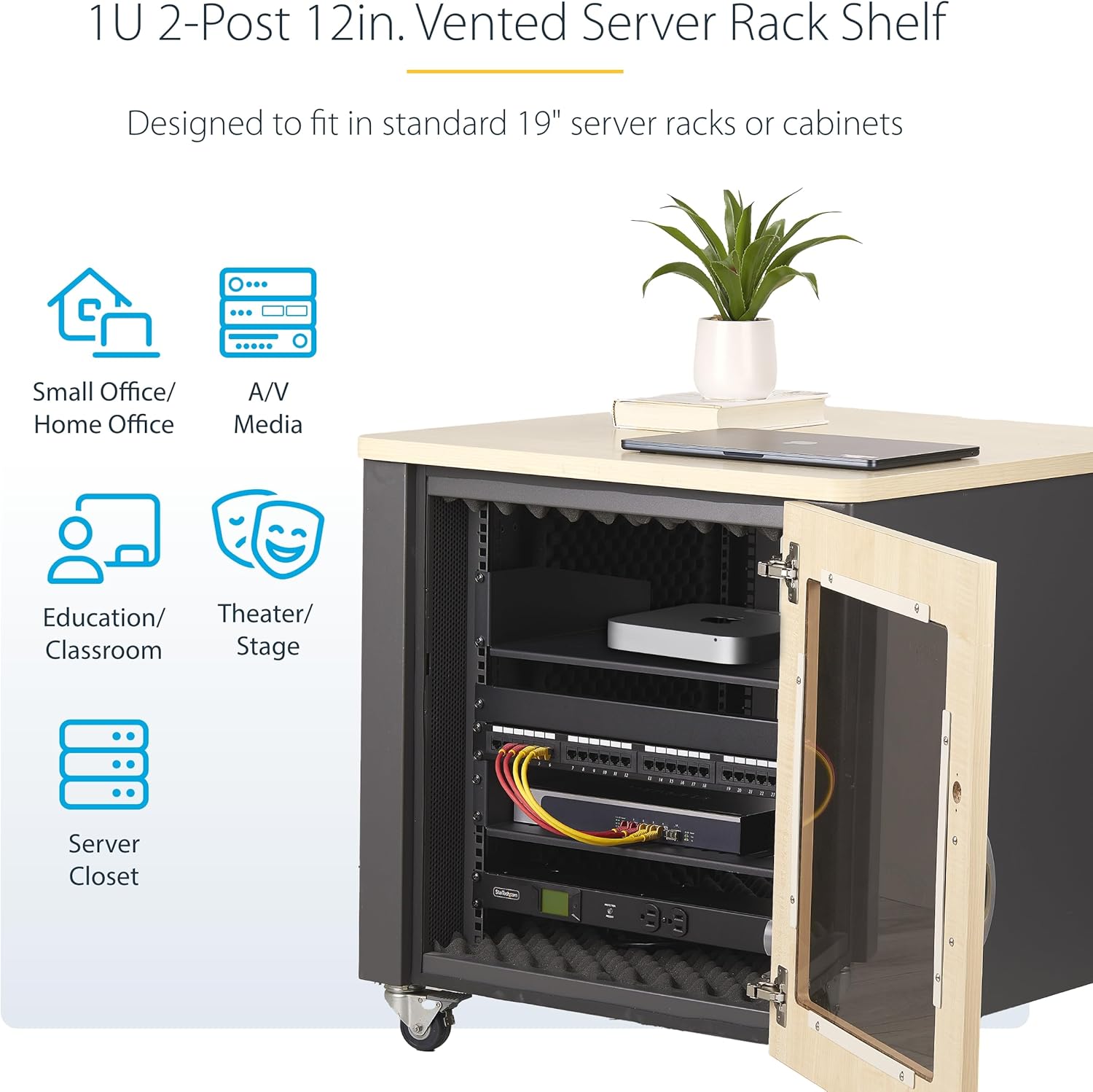 StarTech.com 1U Vented Server Rack Shelf, 12in/31.5cm Mounting Depth, for 19" Rack/Cabinet, SPCC Steel, Max 25lb/11.3kg