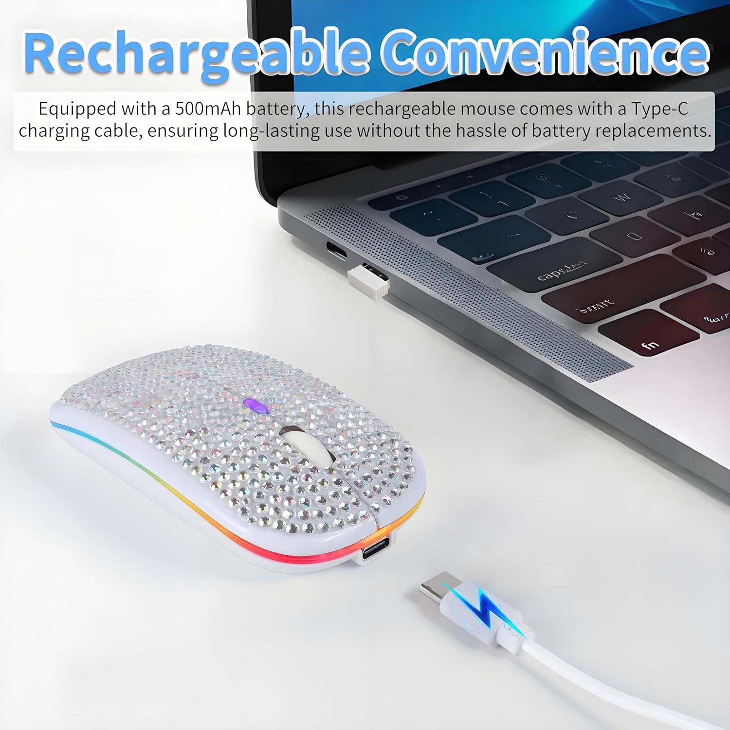 Rechargeable Bluetooth Wireless Mouse with Bling Crystal Rhinestones & 7-Color LED Lights - Silent Dual Mode Wireless Mouse for Laptops, PCs, and Macs - Perfect for Office, Travel & Home Use (Silver)