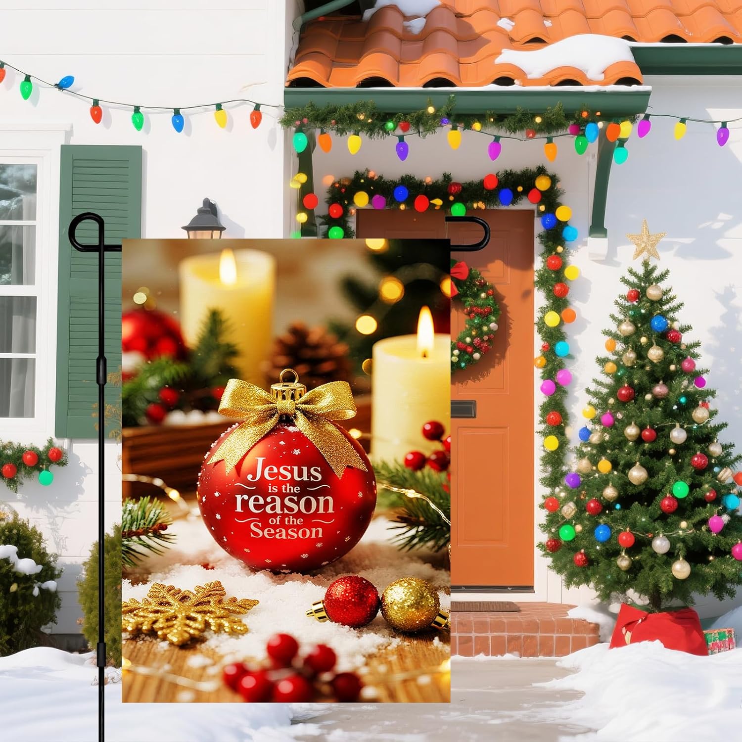 IVN Christmas Garden Flag 12x18 Inch Double Sided Jesus Is the Reason for the Season with Candles Red Ornaments and Holly Outdoor Yard Flag for Outside Home Front Door Lawn Porch Patio Welcome Decor - Image 5