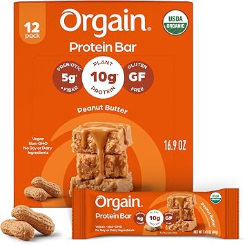 Orgain Organic Vegan Protein Bars, Peanut Butter - 10g Plant Based Protein, Low Calorie Healthy Snacks, No Lactose or Soy Ingredients, Gluten Free, Non-GMO - 1.41 Oz Pack of 12