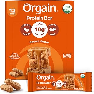 Orgain Organic Vegan 10g Protein Bars, Peanut Butter, 12 Pk | Plant-based protein, low calorie healthy snacks, gluten free, non-GMO, no soy or lactose ingredients, 1.41 oz bars