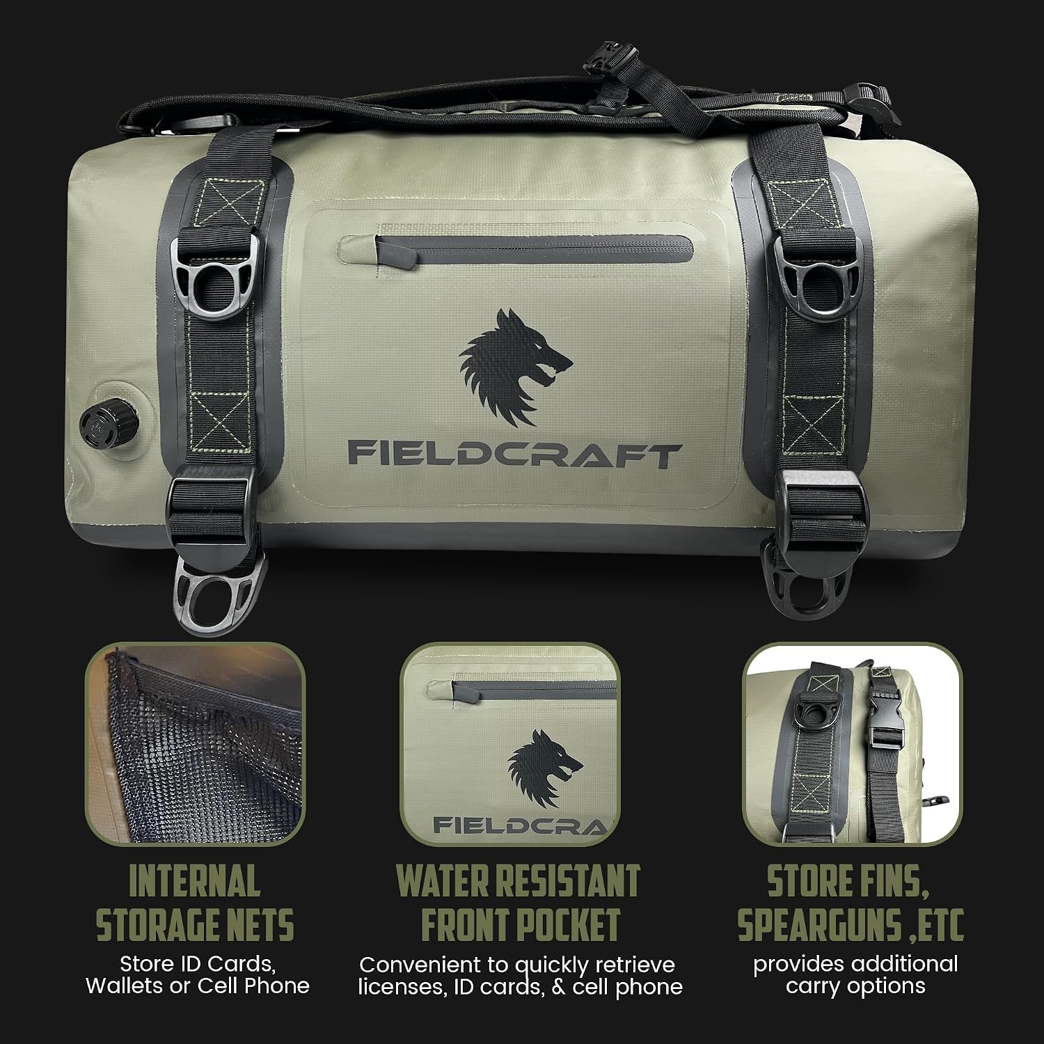 FIELDCRAFT SEA WOLF Waterproof Duffel Bag Inflatable Duffle Bag Backpack with Shoulder Straps for Outdoor Water Sports, Diving, Boating, Fishing, Kayaking, Camping, Hiking (Green, 60L) image 2