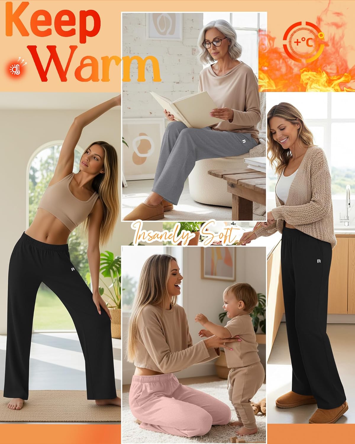 Neer 3 Pack Women's Fleece Lined Sweatpants Thermal Workout Baggy Joggers Elastic Wide Leg Lounge Pants with Pockets Winter(Black, Light Mixed Gray, Pink,Medium) - Image 2