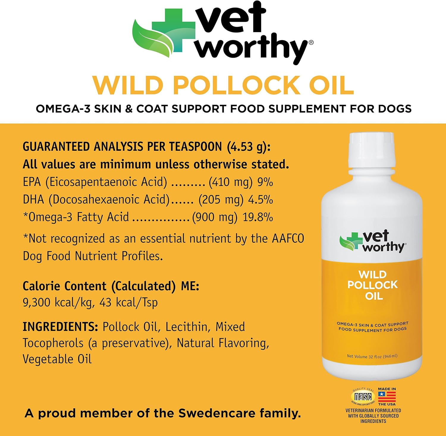 Vet Worthy Wild Pollock Oil for Dogs - All Natural Dog Supplement to Promote Skin and Coat, Heart, and Immune System Support - Liquid Fish Oil for Dogs - Easy to Use Mess-Free Bottle - 32 fl oz