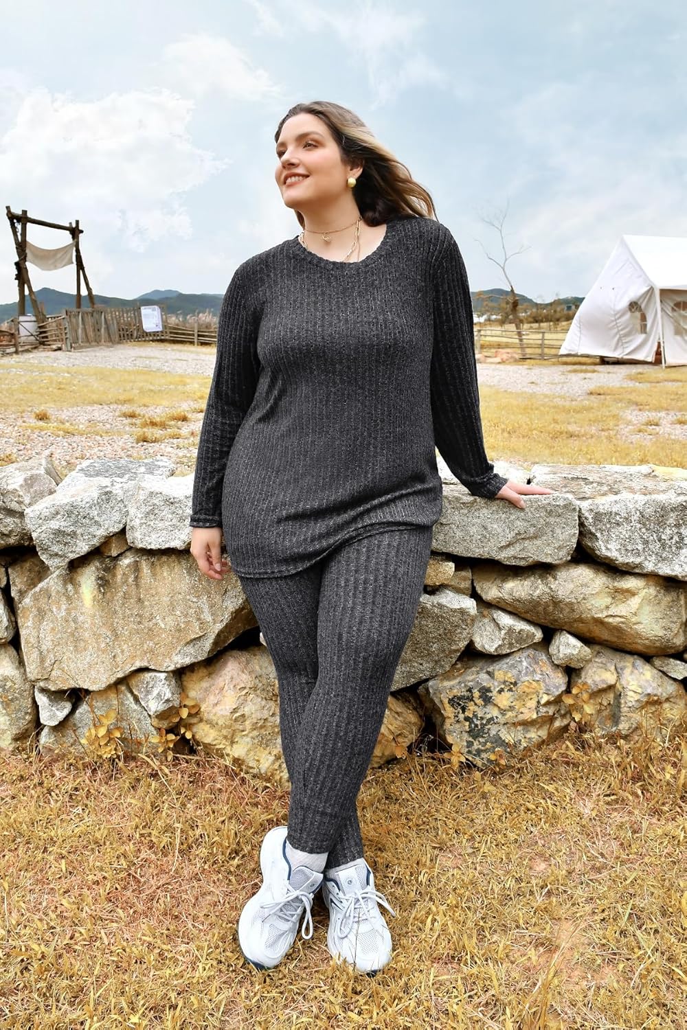 RITERA Plus Size Lounge Sets for Women 2 Piece Outfits Knit Long Sleeve Fall Pullover Tops Jogger Pant Pajama Set XL-5XL - Image 3