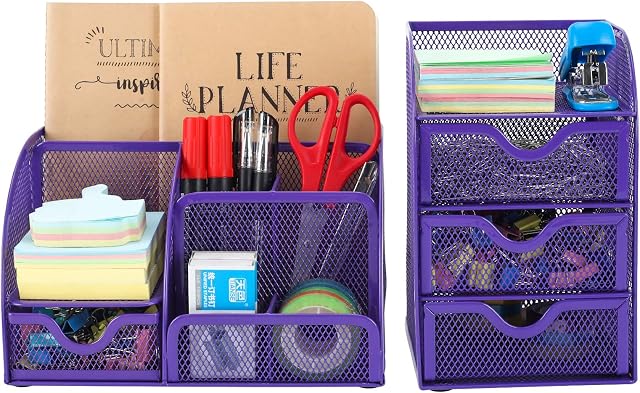 EasyPAG Office Mesh Desk Tidy 2 Piece Organiser Set - Versatile Desktop Tidy Stationery Holder and 3 Tier Small Drawer Chest Storage Container,Purple