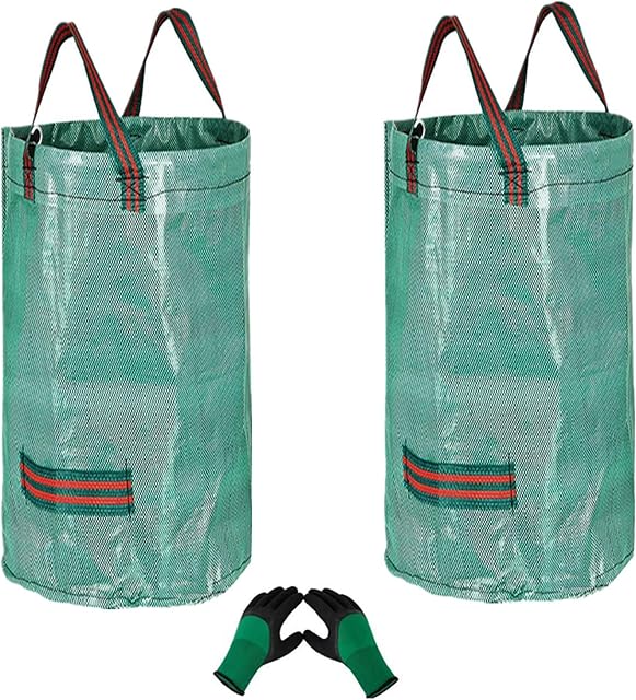 2Pcs 120L Heavy Duty Large Garden Waste Bags(H76cm,D45cm)&1 Gardening Gloves,Refuse Bags Garden Rubbish Bag Reusable Garden Waste Sacks,Grass Cutting Bags Leaf Bags Gardening Bags Sacks with Handles