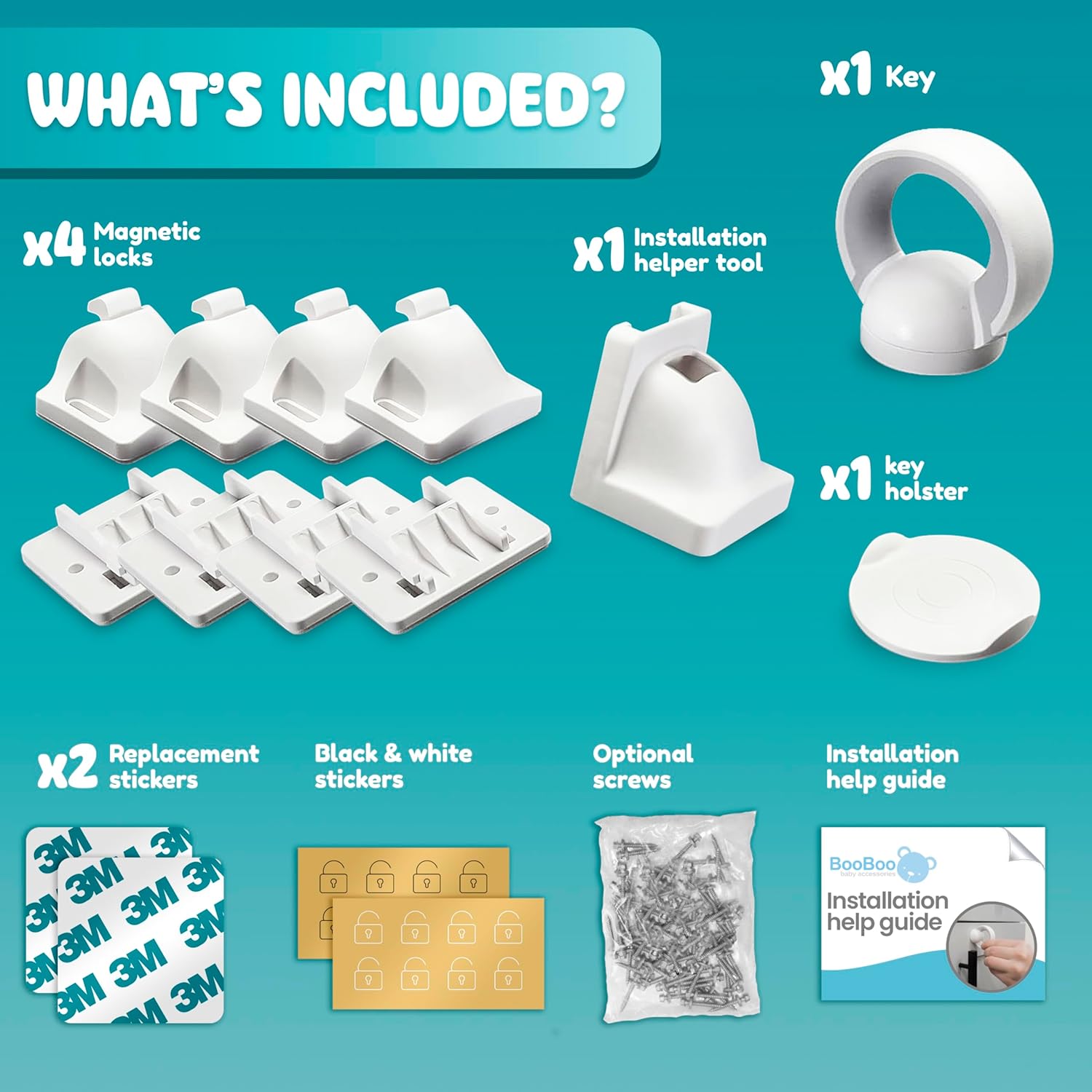 Booboo® Magnetic Child Safety Cupboard Locks for Children x4 Locks + x1 Key, Baby Proofing for Kitchen, Cabinets and Drawers, 30 Second Install No Drilling 3M Adhesive (4 Pack)