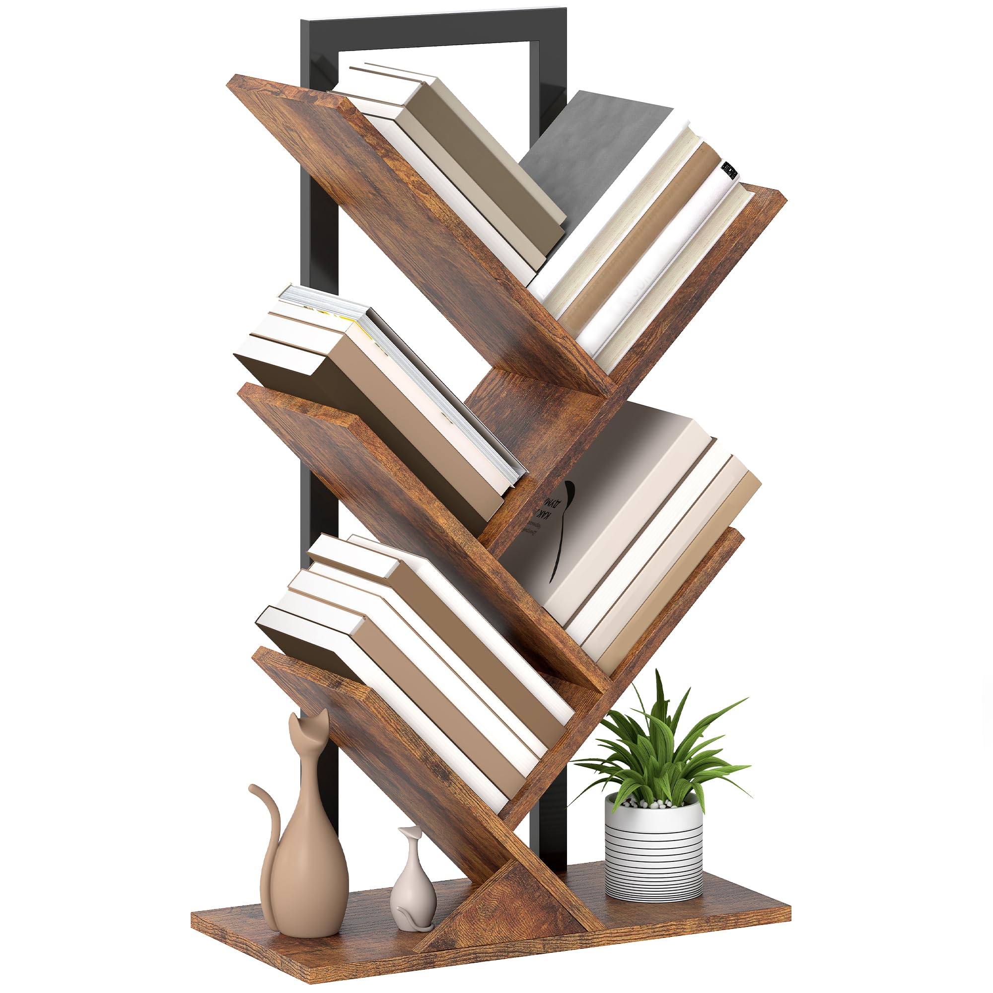 Rackhams Brown 5-Tier Tree Bookshelf With Steel Frame For Living Room, Rustic - Rustic - 5-Tier