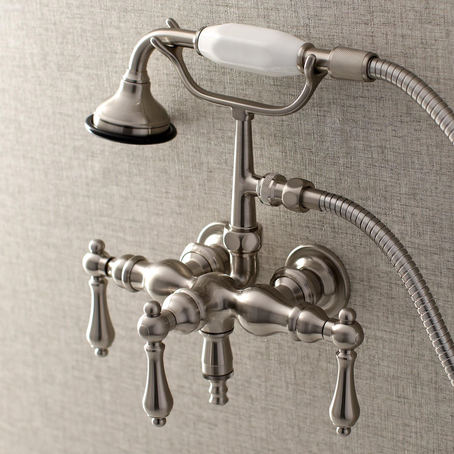 Kingston Brass AE19T8 Aqua Vintage 3-3/8 Inch Wall Mount Tub Faucet with Hand Shower, Brushed Nickel