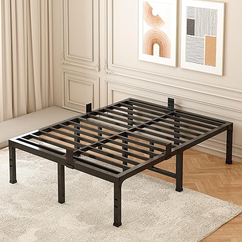 Miniatura 73 de FUIOBYVV Marco de cama King con plataforma de metal resistente de 14 pulgadas, soporte de cama tamaño King de hasta 3500 libras, no necesita somier,