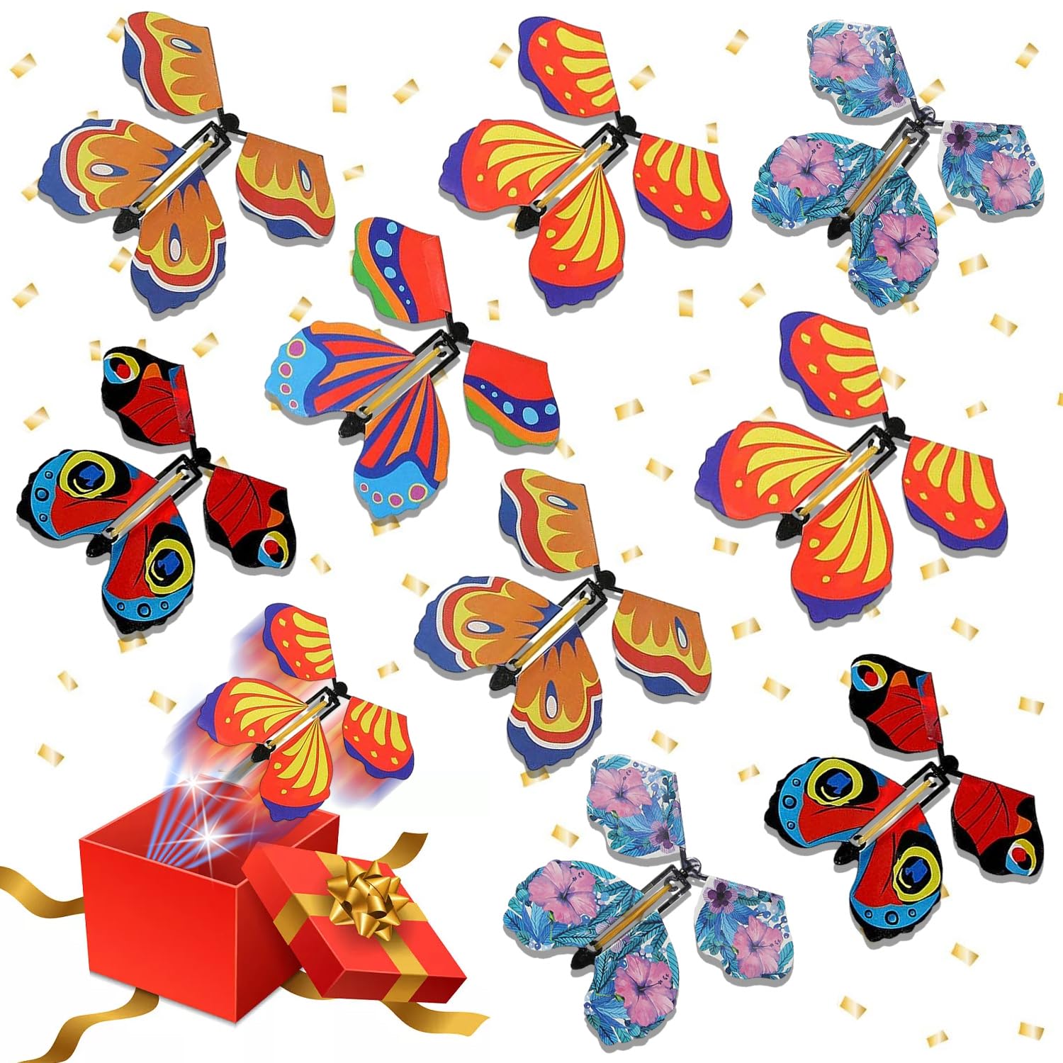 Magic Flying Butterfly, 10 Pcs Clockwork Butterfly Card, Rubber Band Powered Butterfly Magic Fairy Flying Toy for Birthday Gifts, Decoration for Colorful Bookmark Greeting (Random Color)