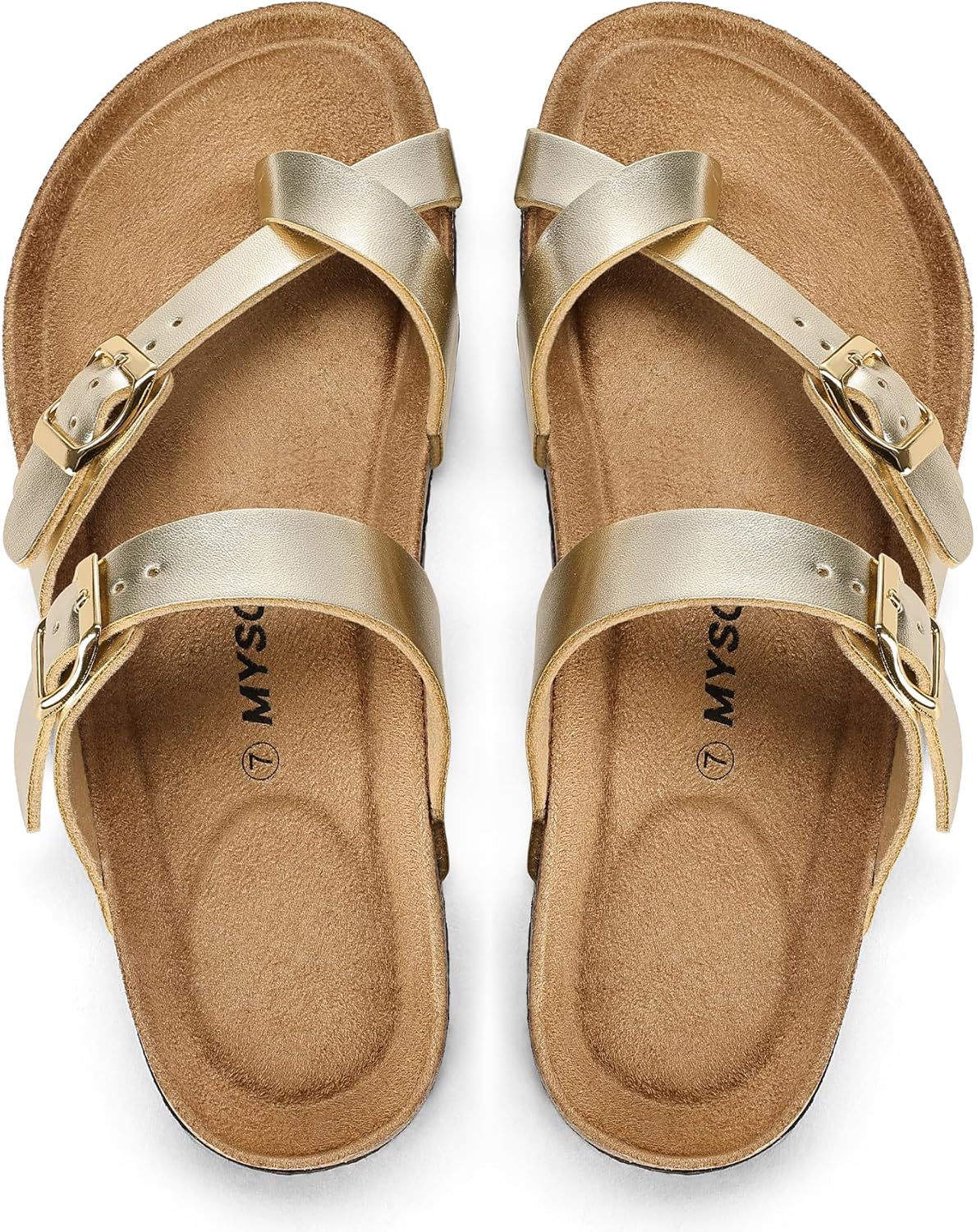 mysoft Women's Cork Footbed Sandals Double Adjustable Buckle Slide Sandals Slip On Walking Summer Shoes