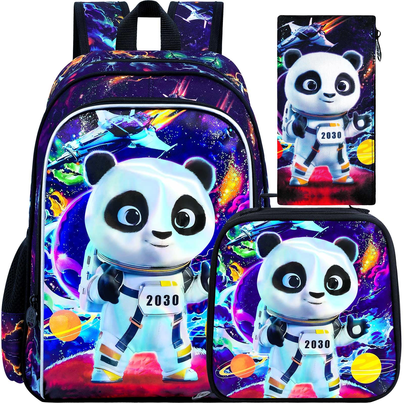 3Pcs Boys Backpack, 16" Panda School Backpacks with Lunch Box, Kids Bookbag for Elementary Preschool Kindergarten(Black)