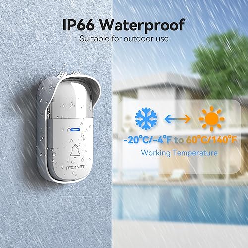 Miniatura 6 de TECKNET Kit de timbre inalámbrico autoalimentado, timbre de puerta enchufable con luz RGB, 60 campanillas y 5 niveles de volumen, timbre de aula