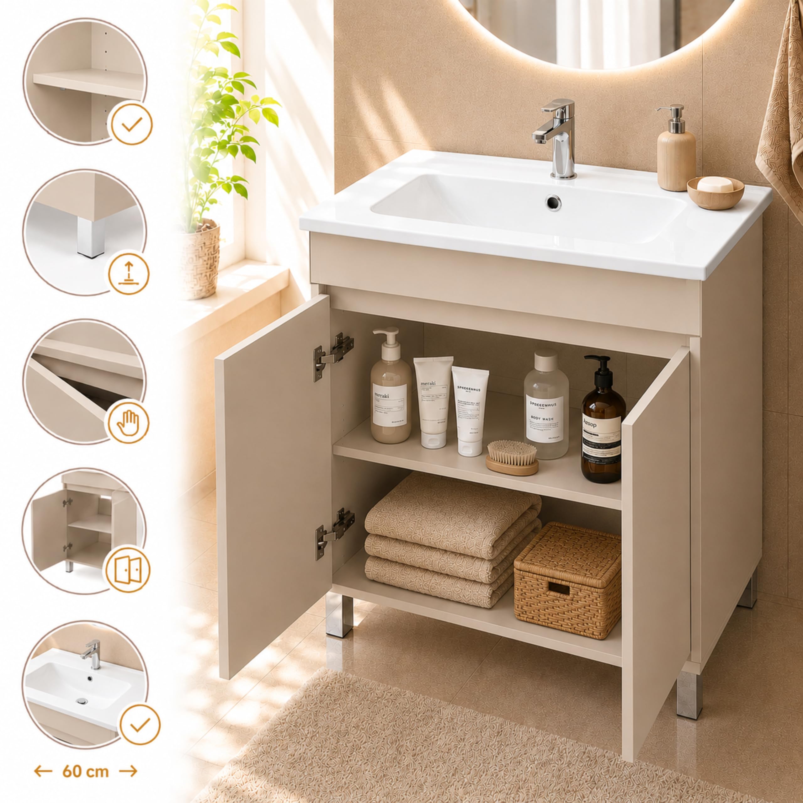 Mueble de baño con lavabo de pie con lavabo con acabado en cachemira (beige) mate, 60 x 40 cm, sistema de cierre suave.
