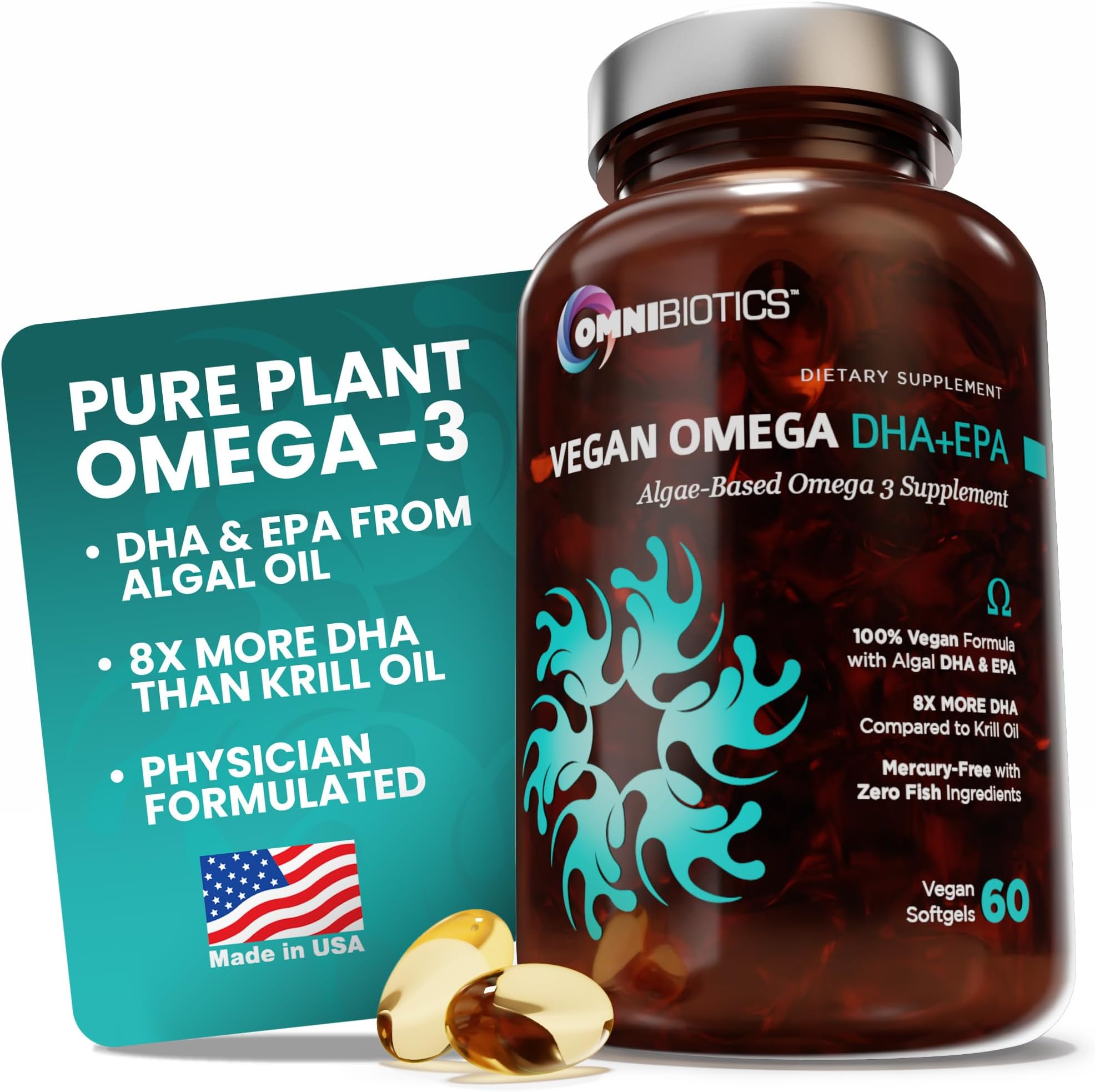 OmniBiotics Vegan Omega 3 DHA EPA Supplement – MD-Certified Prenatal Supplement with 8X More DHA Than Krill Oil, Fish-Free, Non-GMO – 60 Vegan Capsules