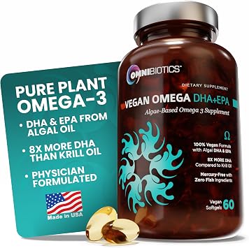 OmniBiotics Vegan Omega 3 DHA EPA Supplement MD-Certified Prenatal Supplement with 8X More DHA Than Krill Oil, Fish-Free, Non-GMO 60 Vegan Capsules