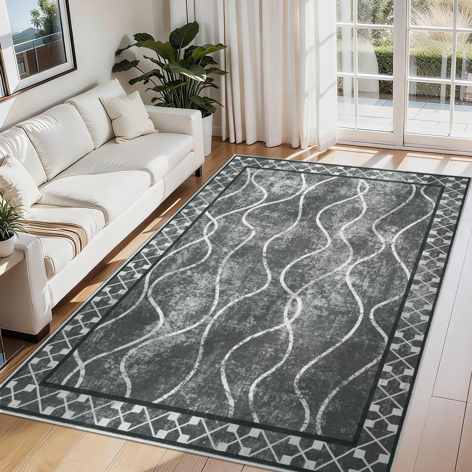 Famibay Grey Washable Modern Area Rugs Living Room Bedroom 120x170cm Non Slip Low Pile Faux Wool Carpet for Dining Room Kitchen Home Office