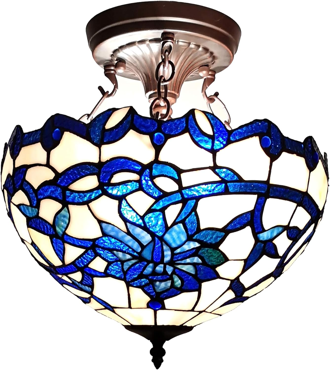 Warehouse of Tiffany TF473-14CL Vayne Blue/White 2-Light Stained Glass Bowl Shade Tiffany-Style Semi Flush Mount