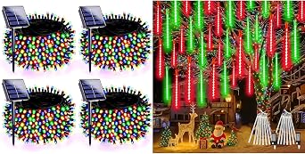 SANJICHA 4 Pack 180FT Solar Christmas Lights Outdoor Waterproof, Super Bright 320 LED Solar String Lights with 8 Lighting Modes, 2-Pack Extendable Meteor Shower Christmas Lights Outdoor