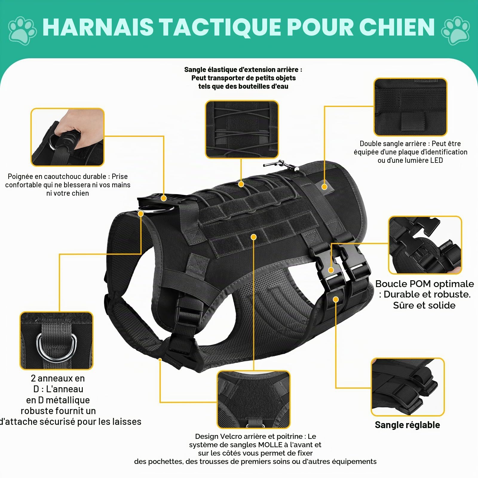 YooxArmor Harnais Chien Anti Traction Tactique avec Laisse pour Petit Moyen Chien,Harnais Chien Réglable avec Attache Devant & Poignée Contrôl,Facile à Mettre,Arnet pour Chiens Solide Respirant,Noir,S