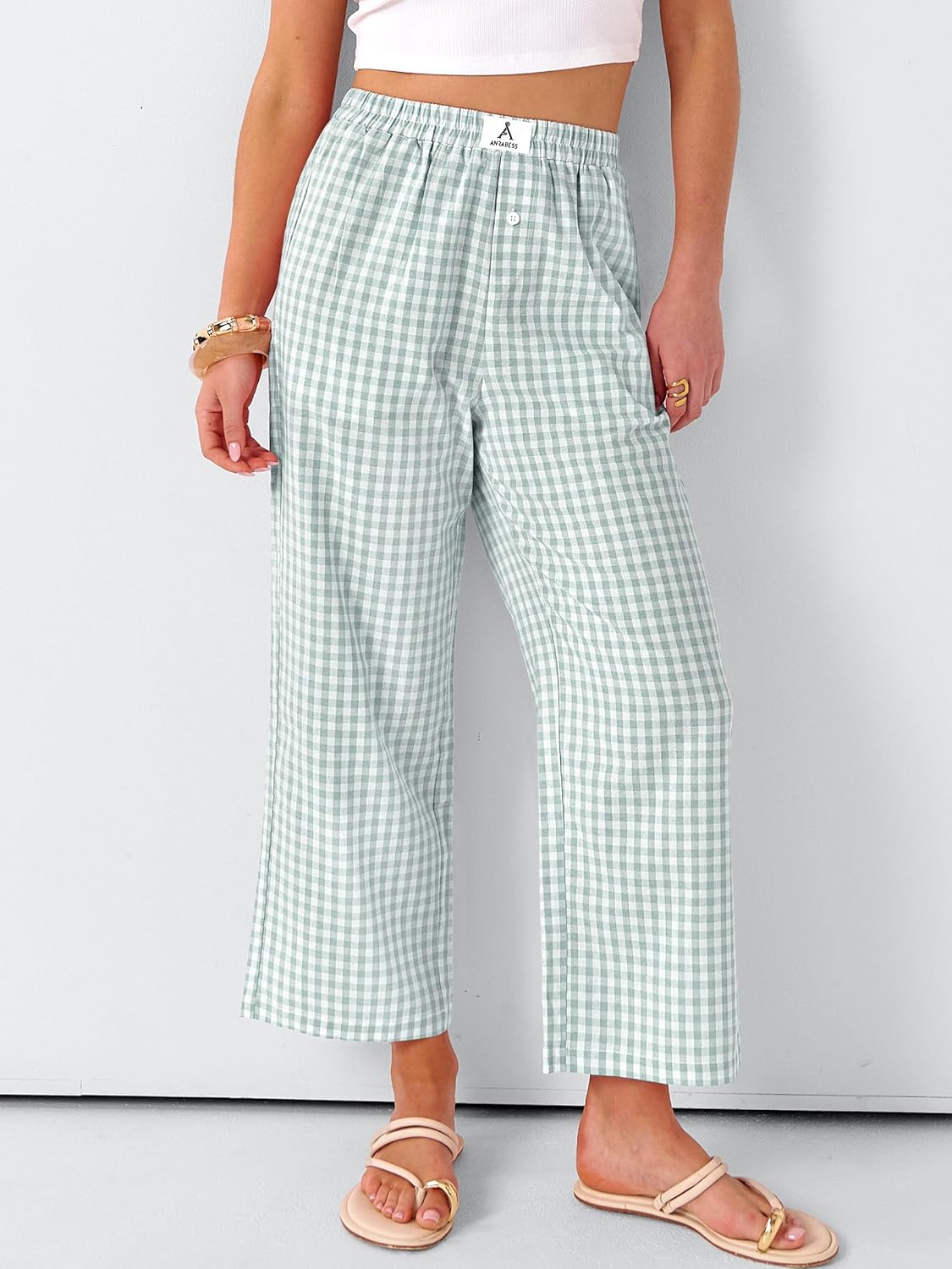 ANRABESS Women Striped Gingham Palazzo Cropped Pants Wide Leg Pajama Lounge Pants Plaid PJ Bottoms Cute Trousers with Pockets - Image 2