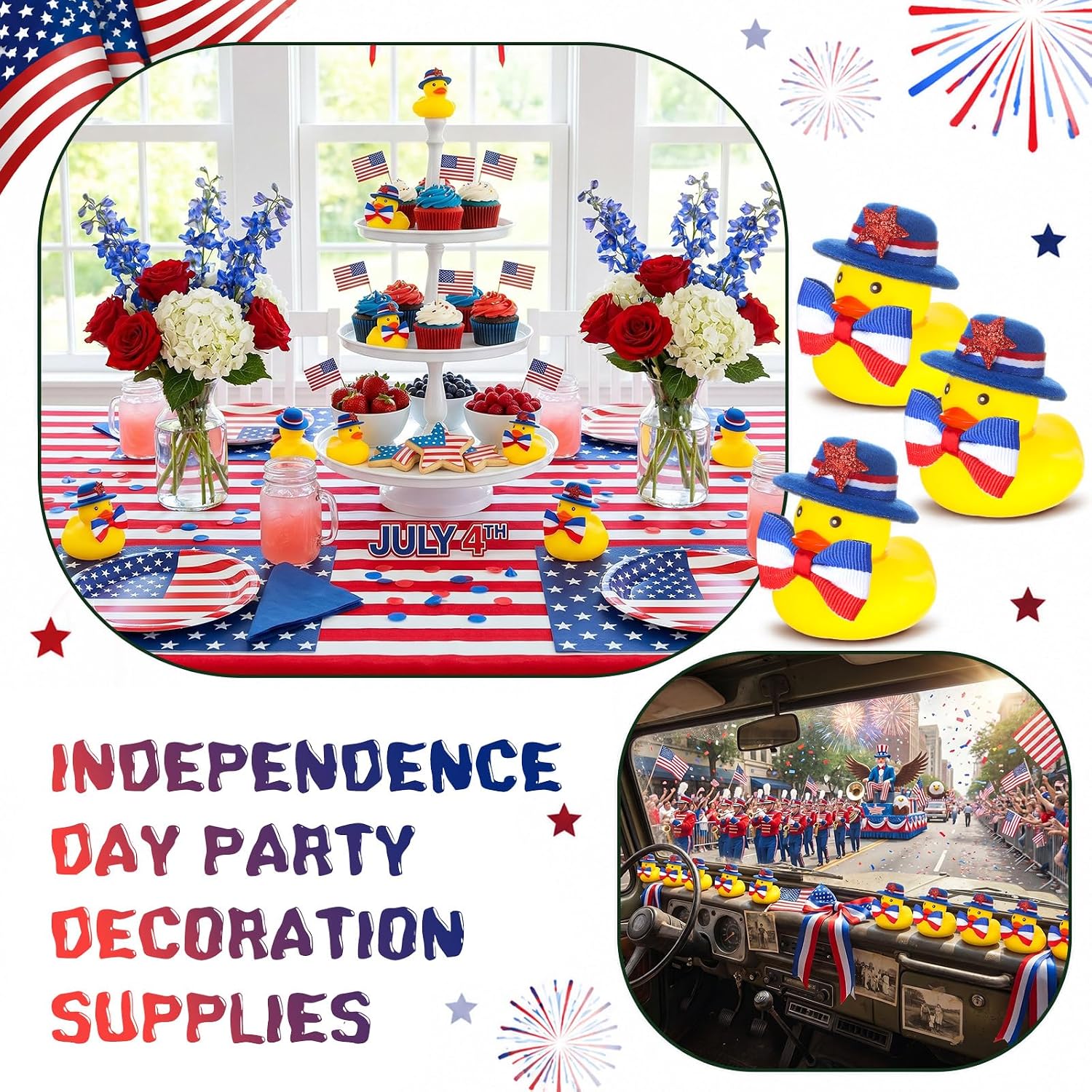 Foilswirl 24 Pack 250th Anniversary Patriotic Rubber Ducks 4th of July Party Favors Independence Day Ducks Fourth July Supplies Red White Blue Gift for USA Memorial Day Decoration