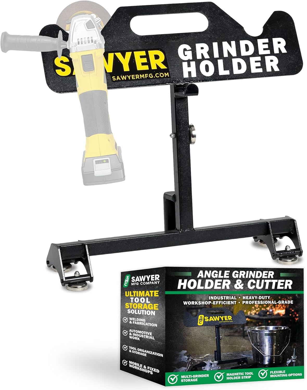Sawyer Mfg Angle Grinder Holder & Cutter – Adjustable Grinder Base Bracket with Durable Steel Construction, Multi-Functional Tool Organizer, and Magnetic Tool Holder Strip for Workshop Accessories